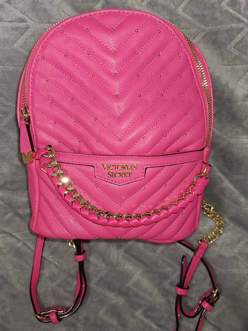 Victoria's Secret Bright Pink Quilted Mini Backpack with Gold Chain